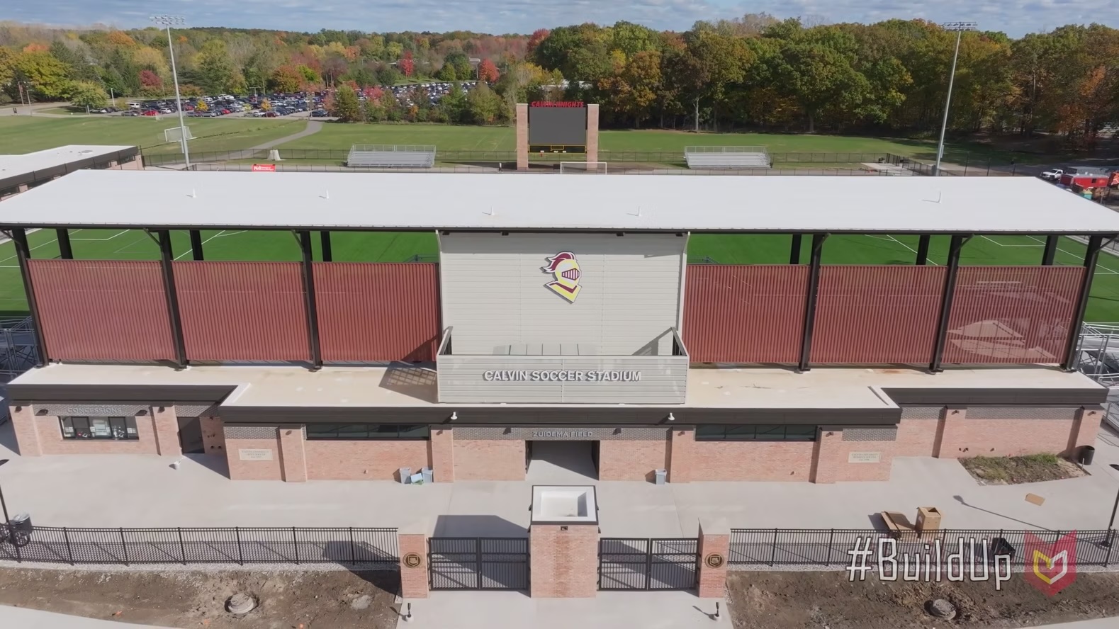 A bird's eye view of the exterior to Calvin's new soccer stadium.