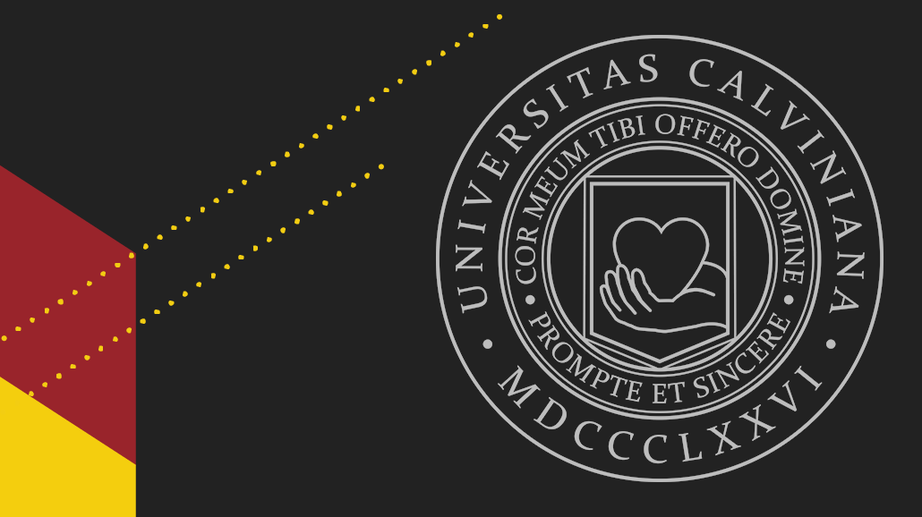 A banner with the Latin seal of Calvin University.