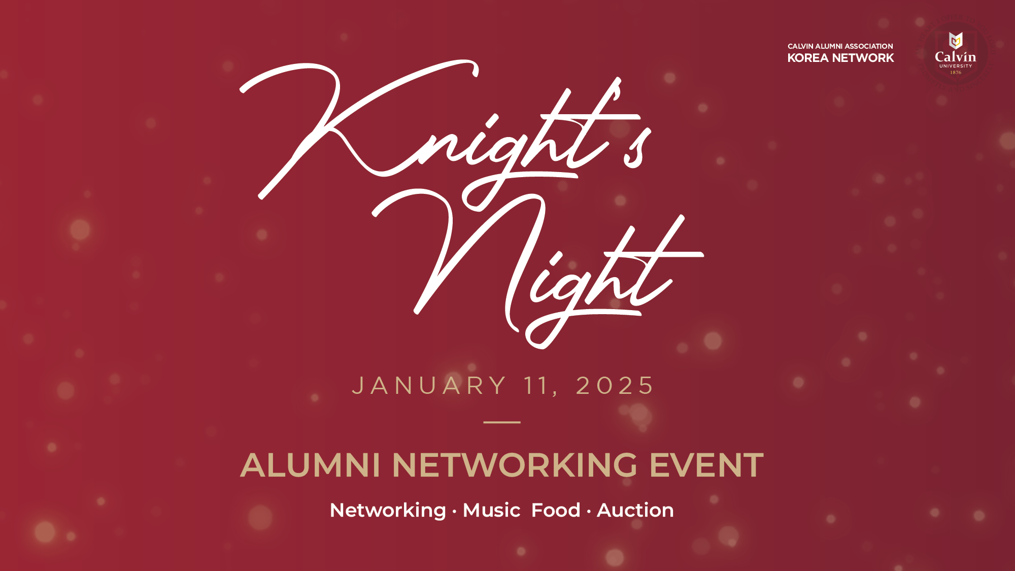 White text on maroon background, advertising Knight's Night, an alumni networking night in Seoul, Korea