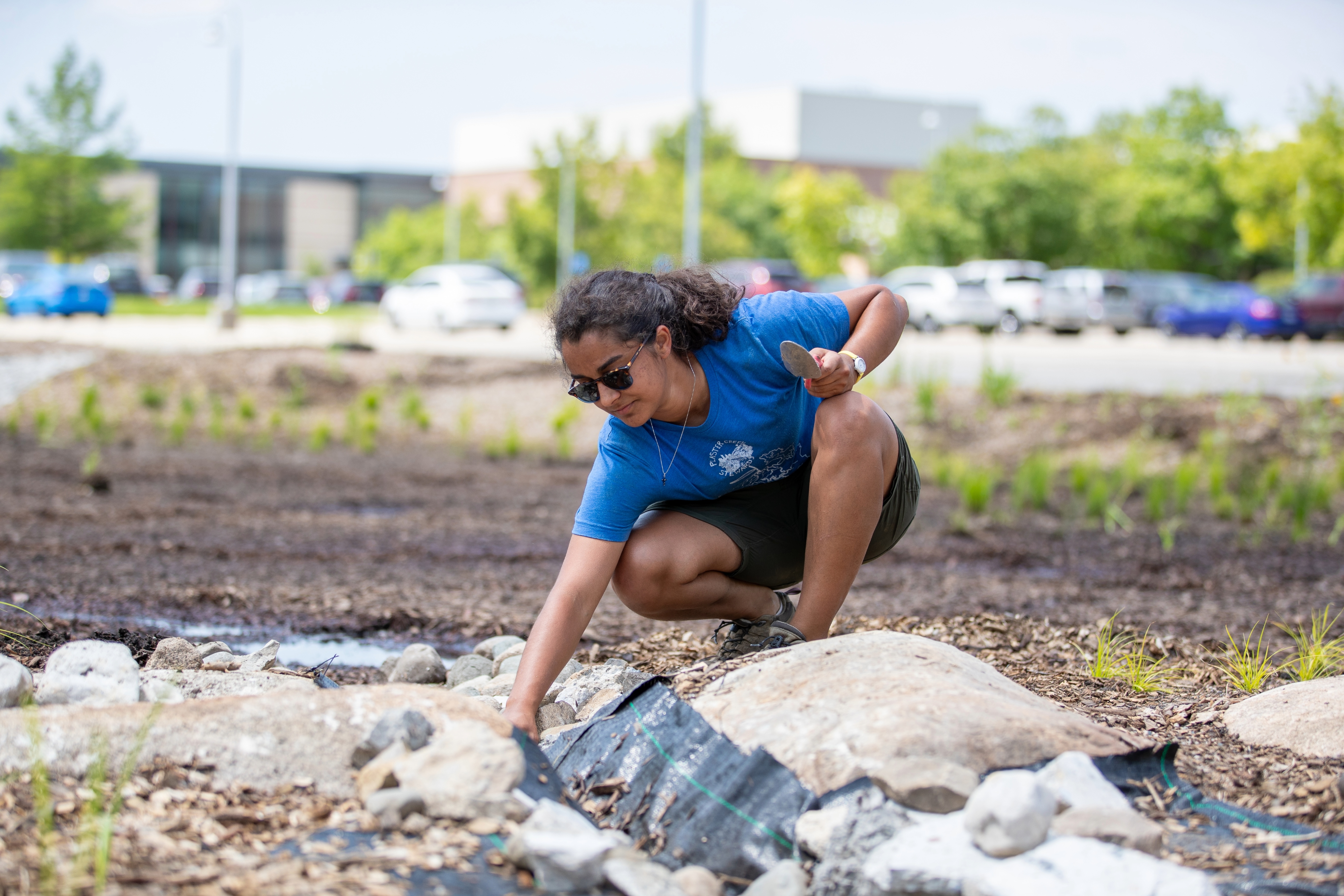 Student worker planting a native bioswale