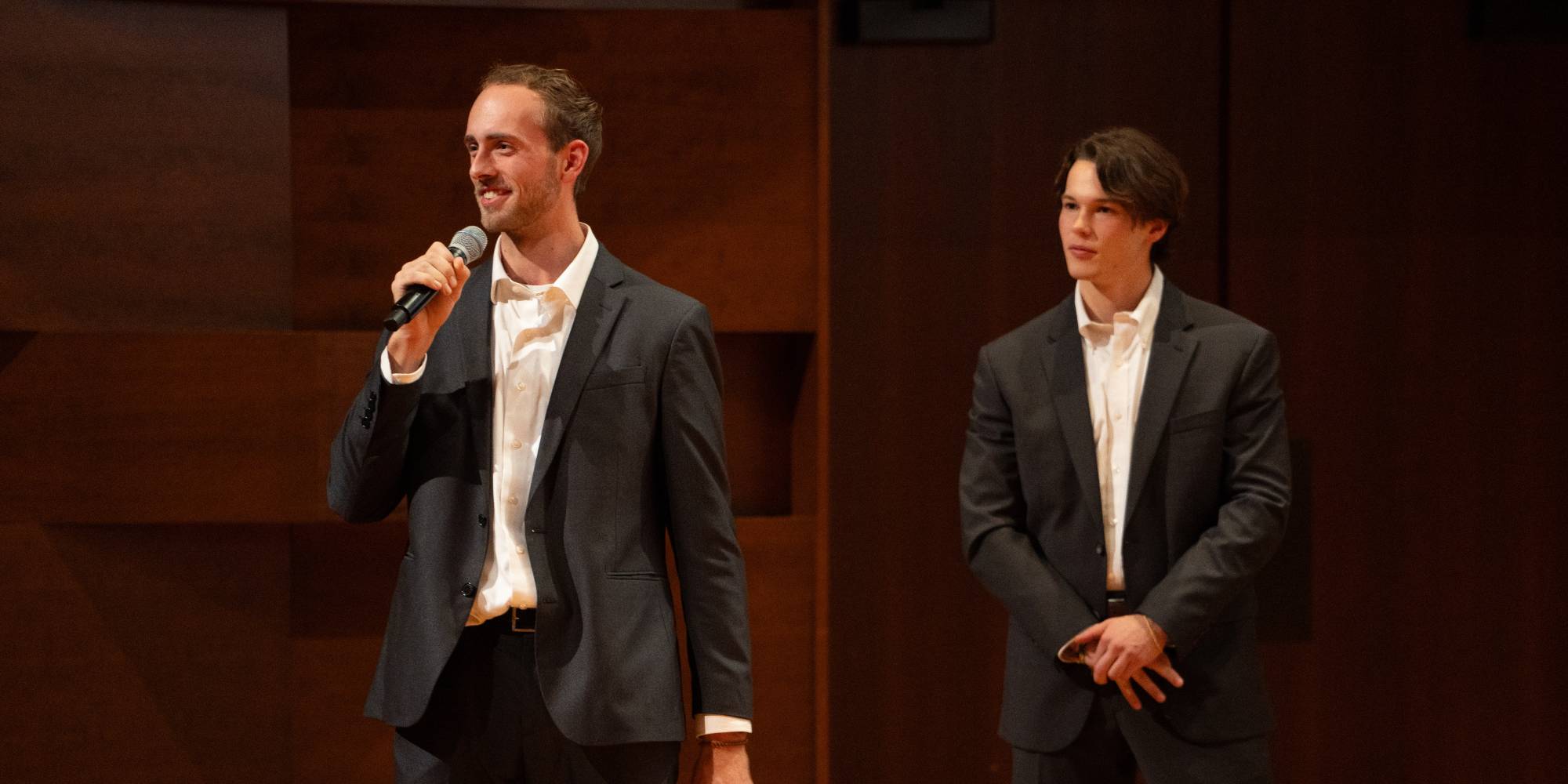 Nick Heuker, a senior engineering major, presenting in the CFAC Recital Hall.