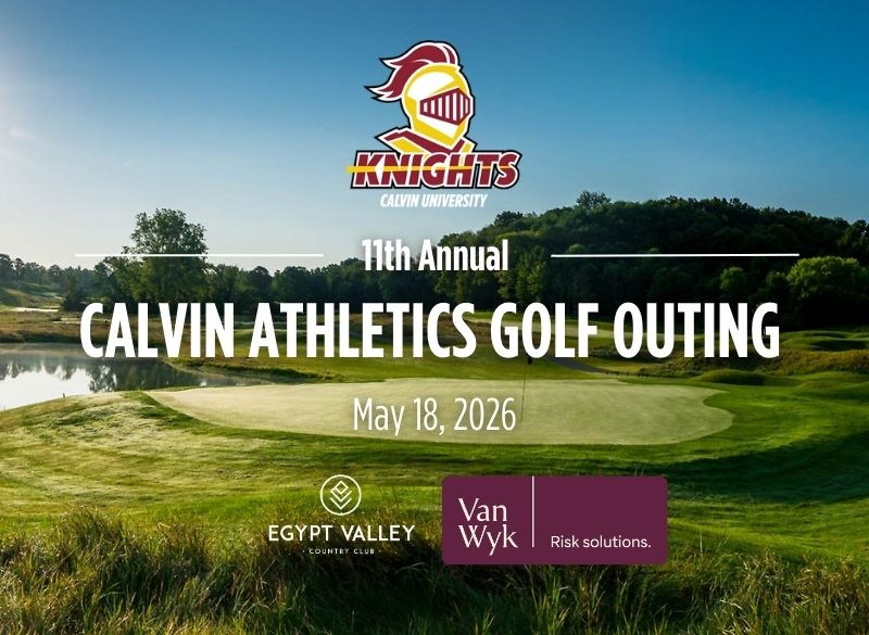 The Calvin knight head logo on a picture of a green golf course under a blue sky.