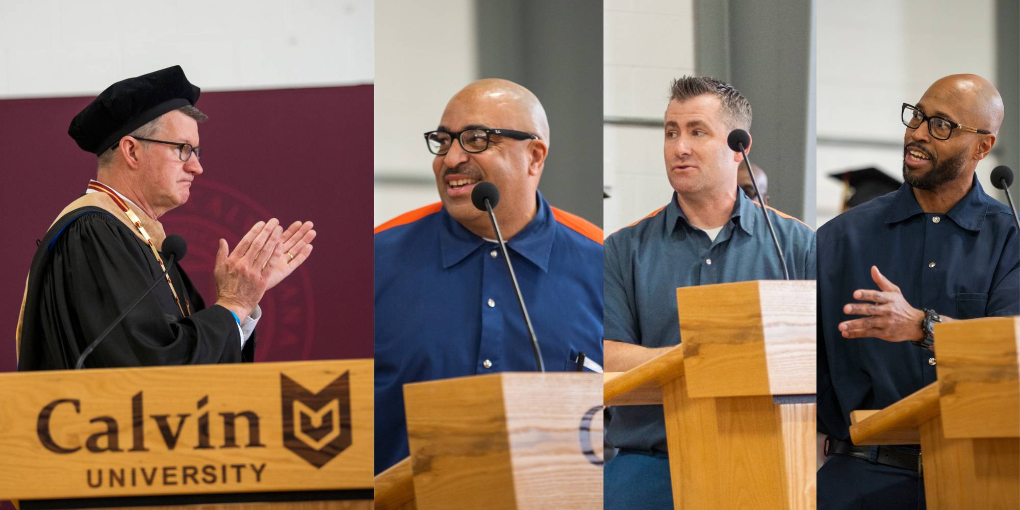 Calvin University President Greg Elzinga receiving words of charge and encouragement from students in the Calvin Prison Initiative program leading up to his inauguration.