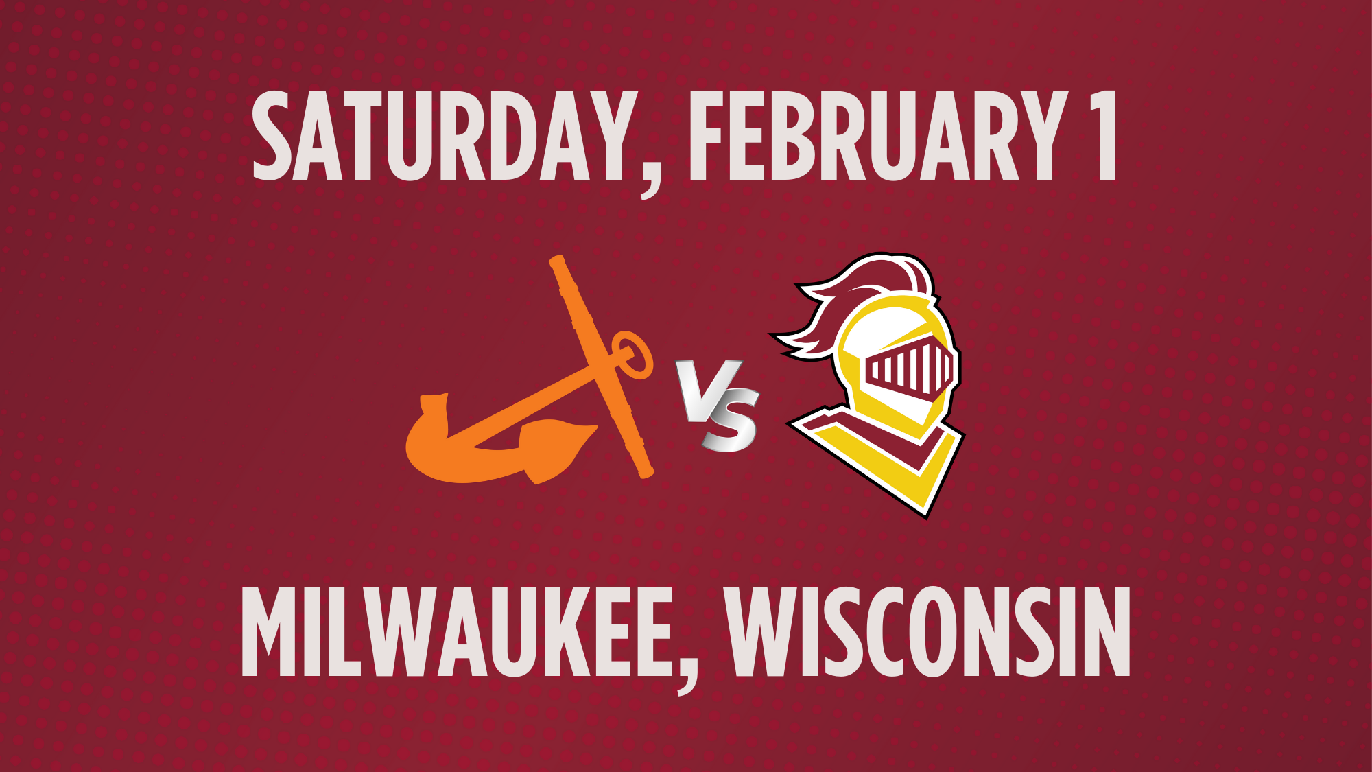 Silver text on maroon background, reading Milwaukee, Wisconsin for the Calvin vs. Hope Rivalry game on Saturday, February 1