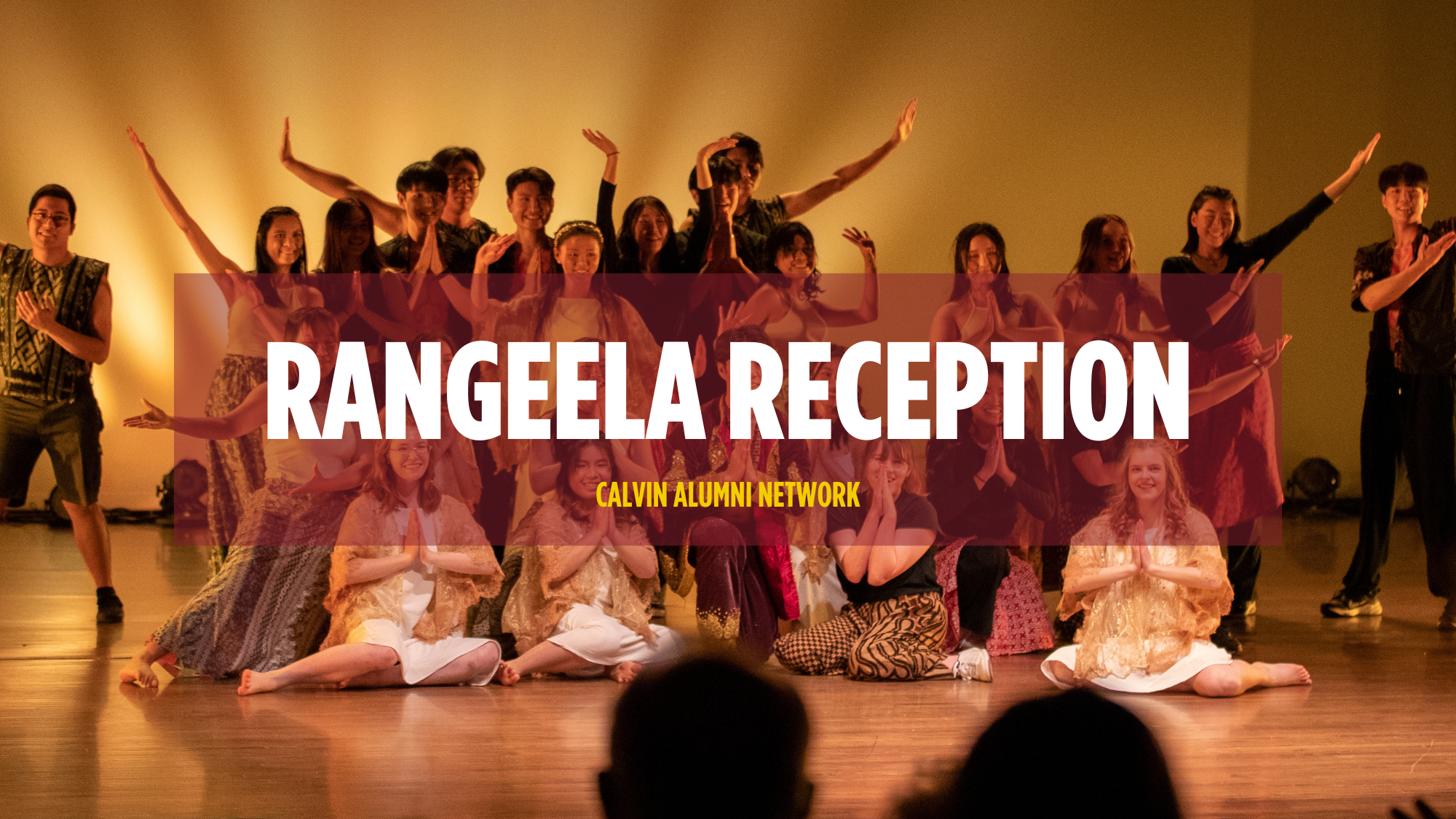 Text overlay on a photo of Calvin students performing in Rangeela