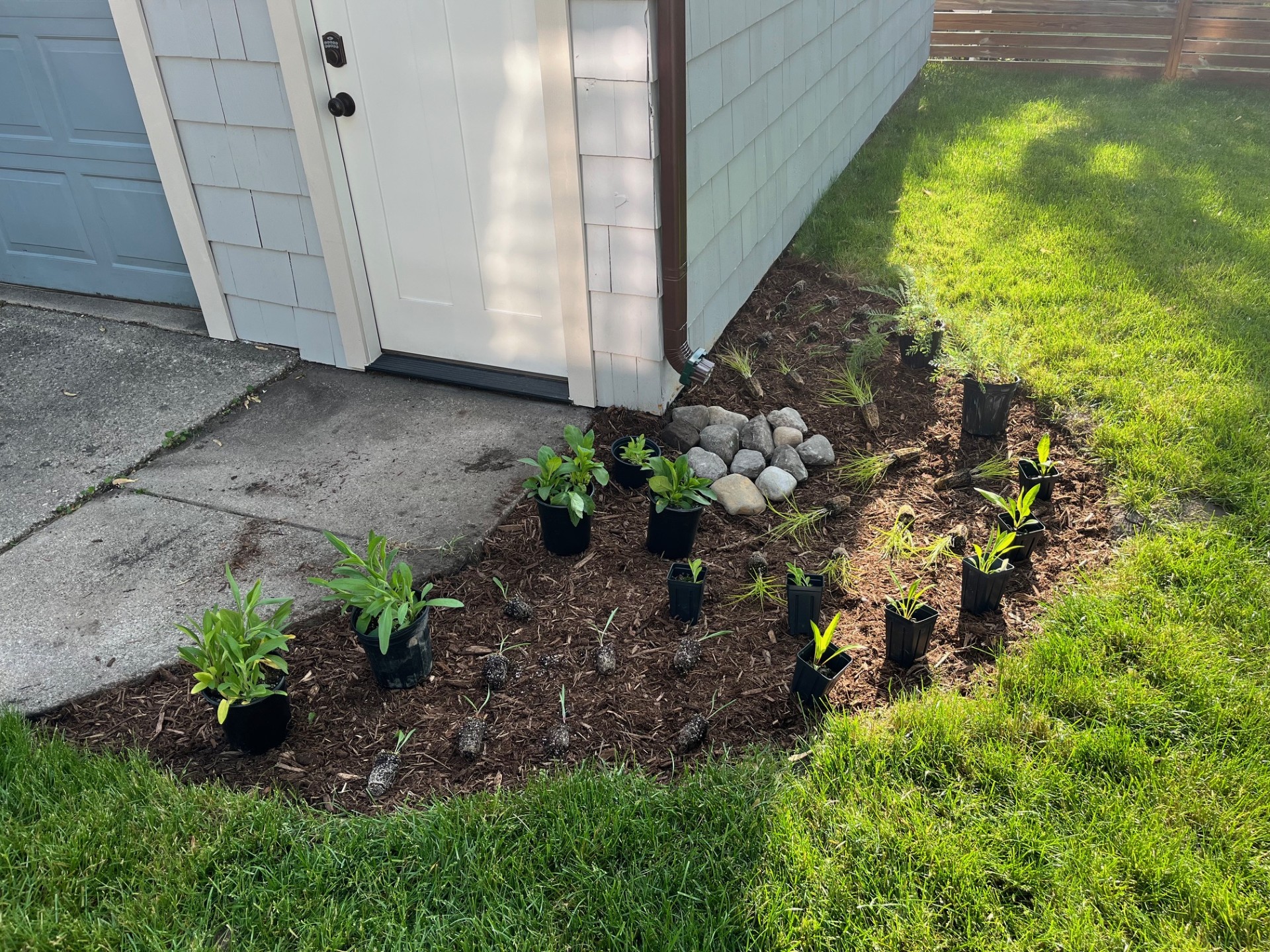 Small rain garden site next to garage