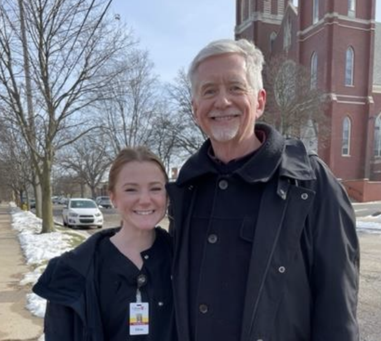 A Calvin nursing student and neighbor on a community health walk.