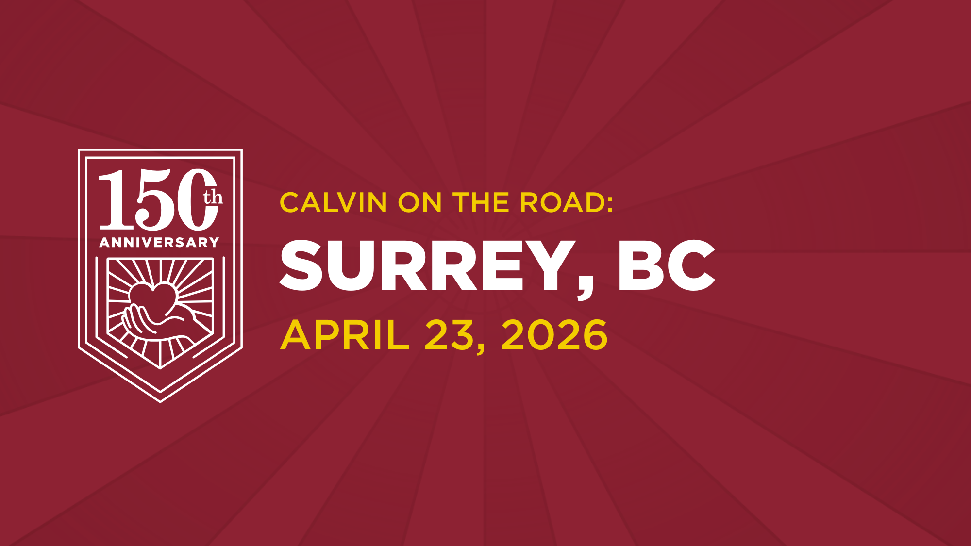 White text on maroon background, inviting Surrey alumni to a 150th event