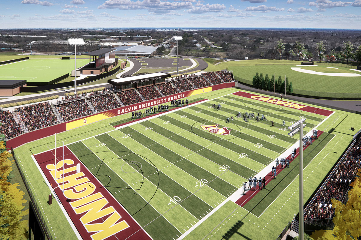 An architect's full color rendering of Calvin's proposed football and lacrosse stadium.