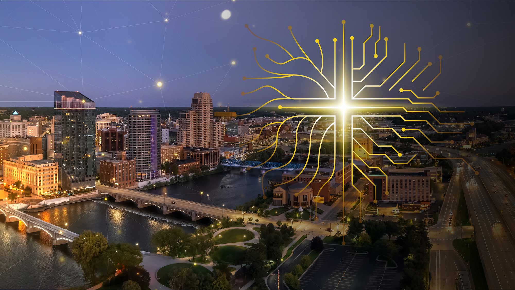 A graphic design of technology nodes forming a cross shape overlays a nightime river and city scape of Grand Rapids, Michigan.