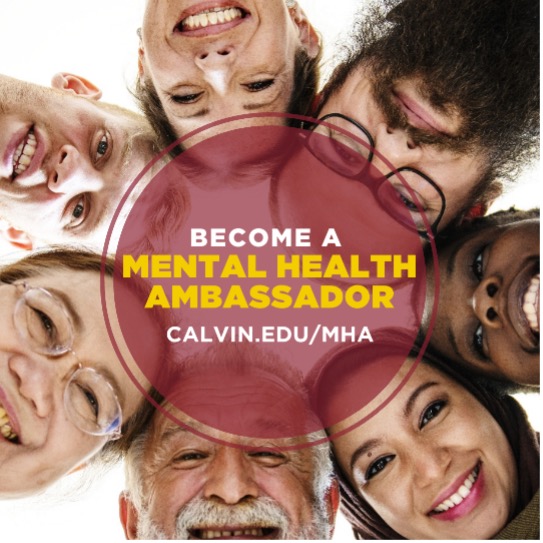 A group of people smile in a circle, overlaid with the link to calvin.edu/mha.