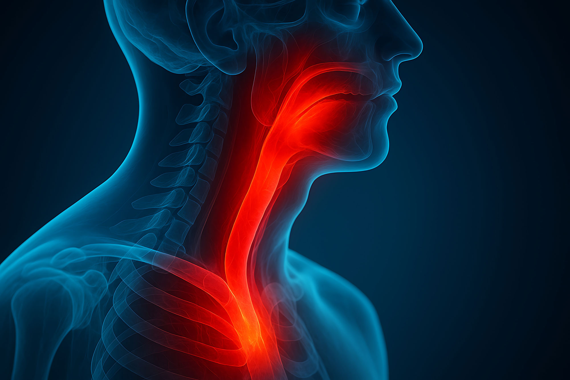 Esophagus inflammation highlighted in human throat anatomy.