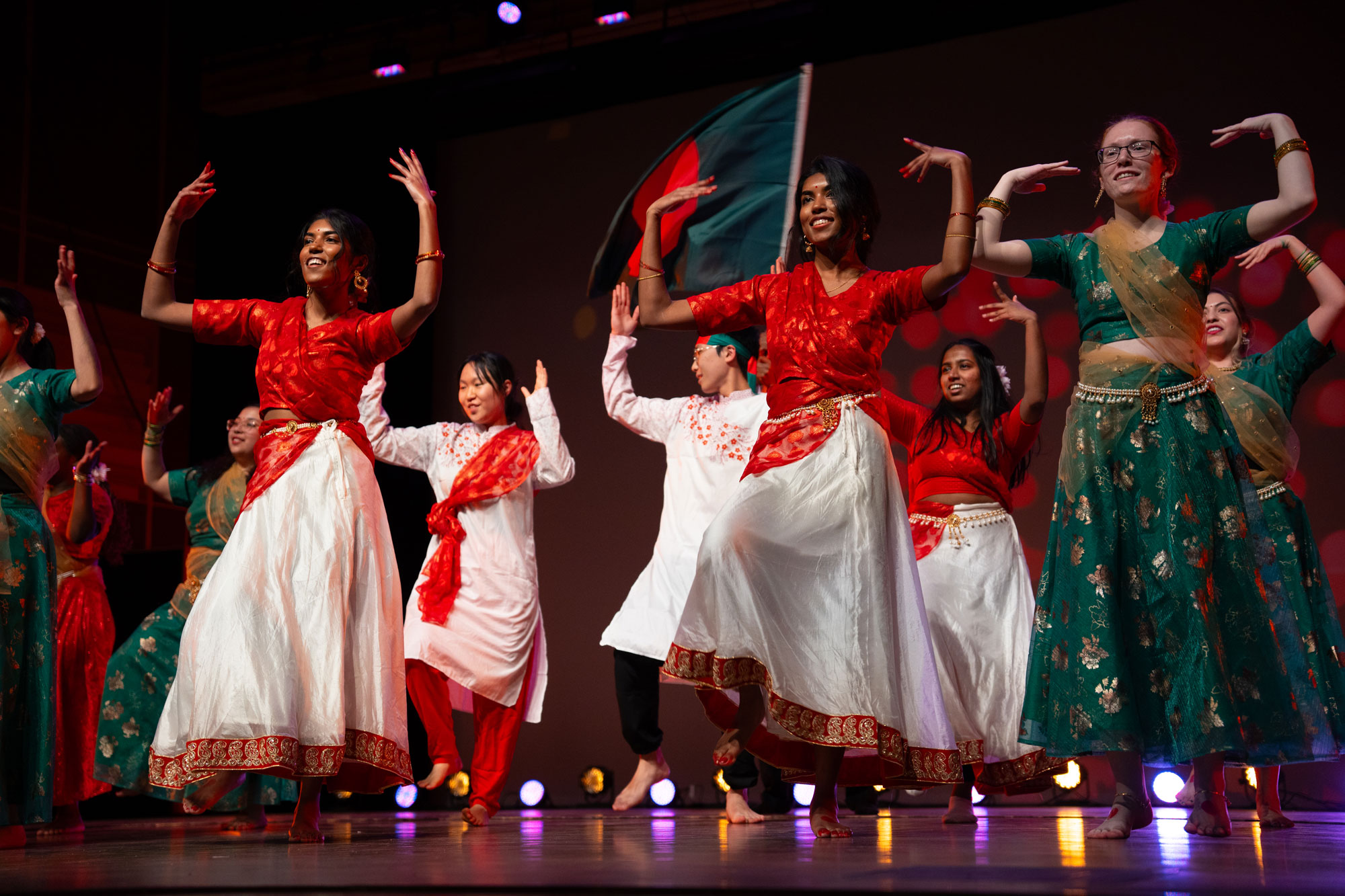 Calvin international students where multi-cultural clothing, while dancing on stage at the annual Rangeela performance.