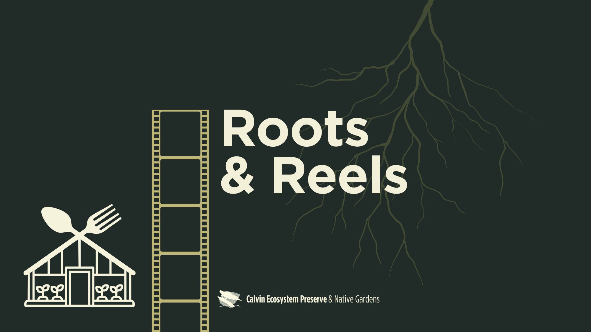 title header with film reel and greenhouse with utensils as roof