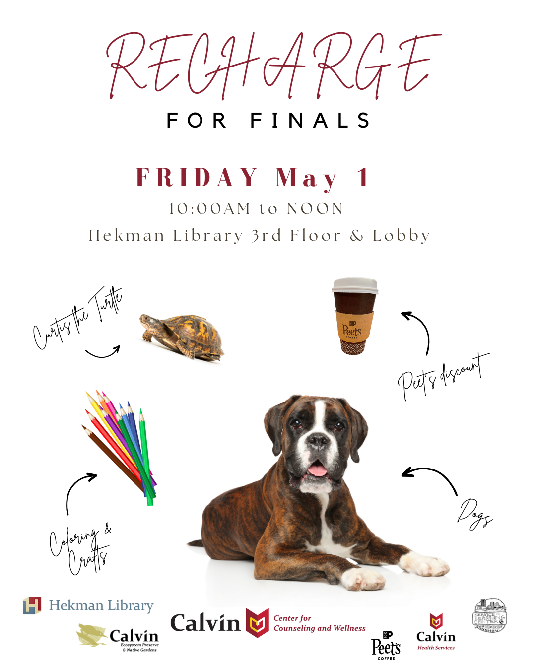 Invitation to RECHARGE event which includes therapy dogs