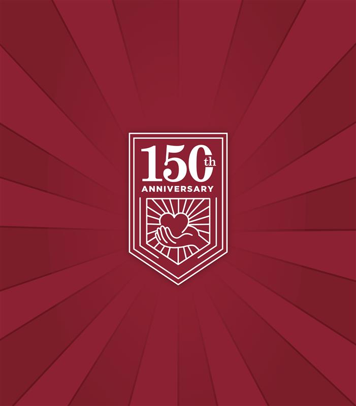 The Calvin 150th anniversary badge on a maroon sunburst background.