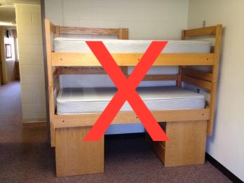Bunk beds with dresser supporting beneath the length of the bed, not the bed legs. 