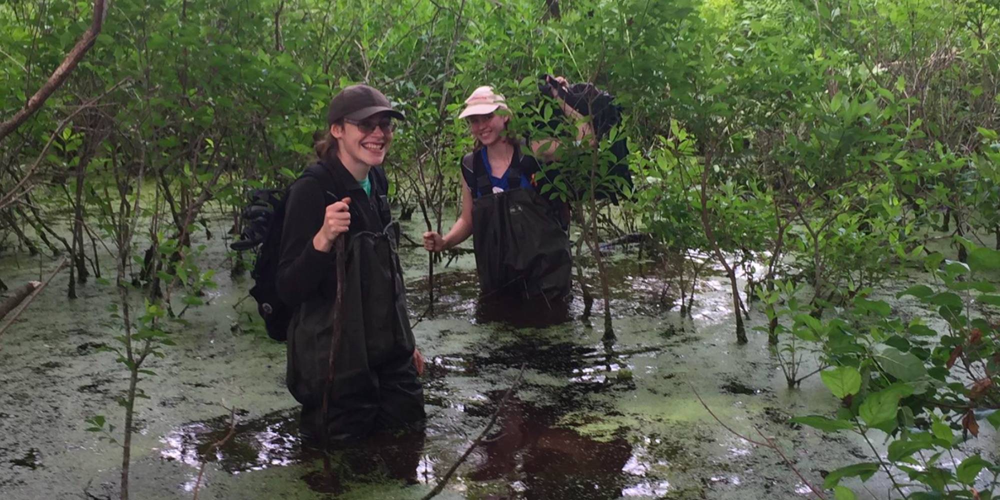 Students wearing waders going through a pond
