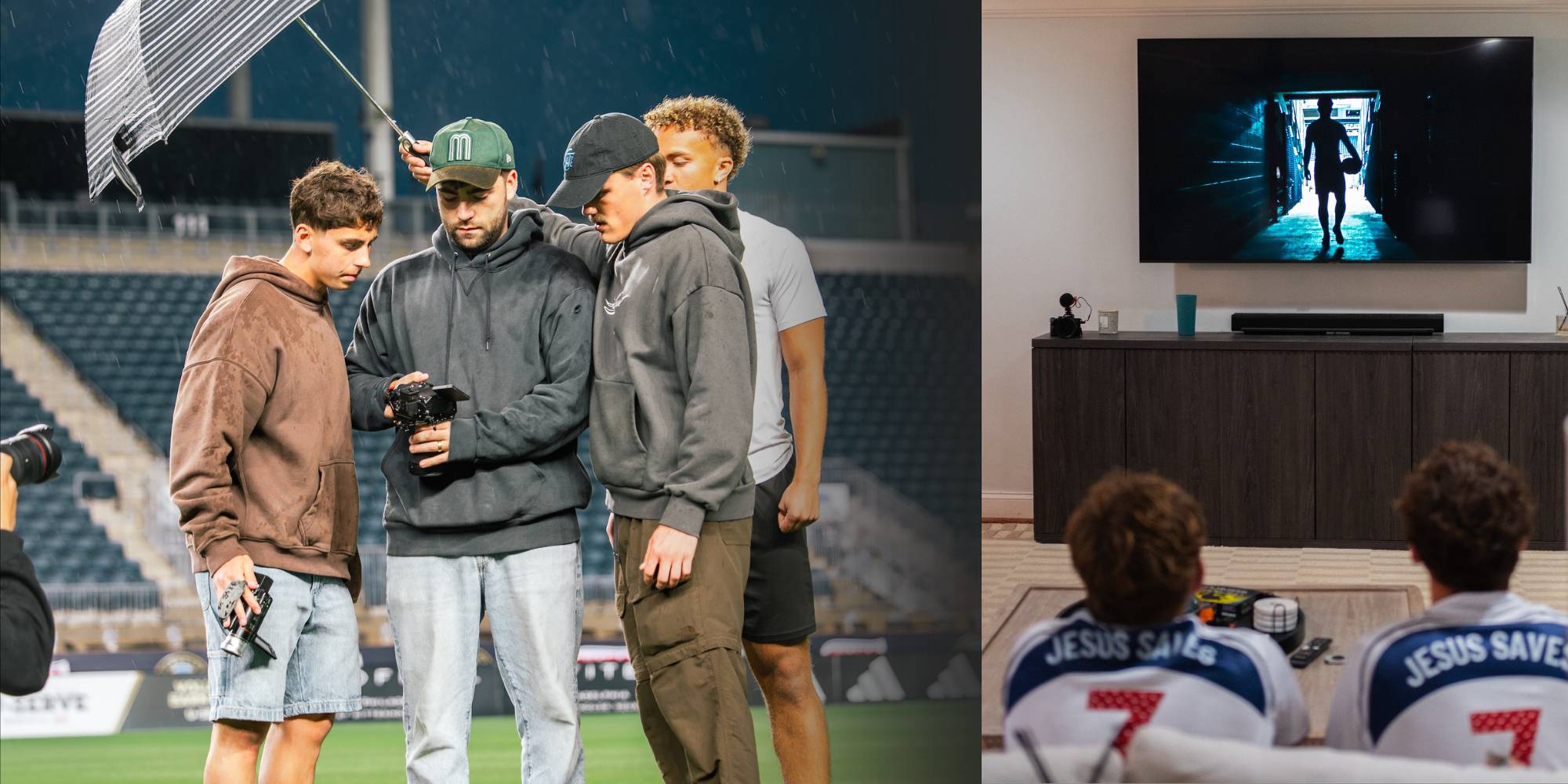 Matthew Torrell working with production team in Philly (left), two guys with Jesus Saves on their backs watching a commercial on TV (right)