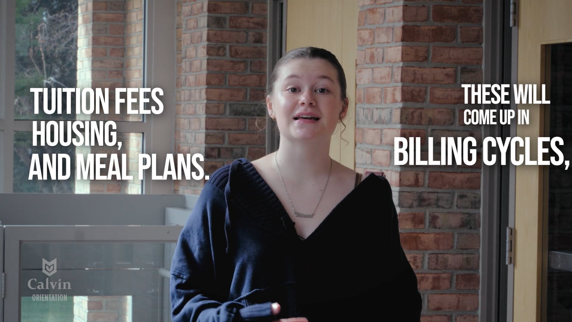A young women explains college finances on screen.
