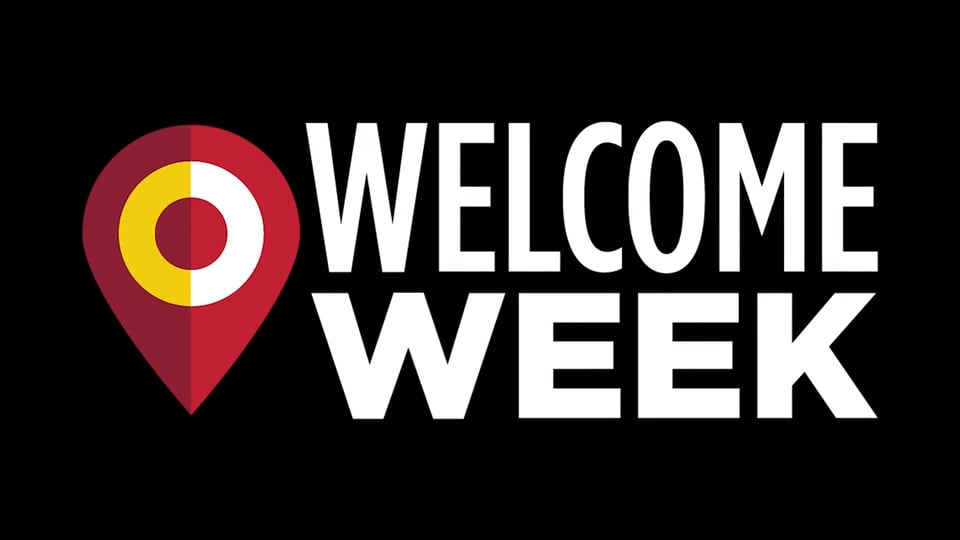 Welcome week text with a map pin icon.