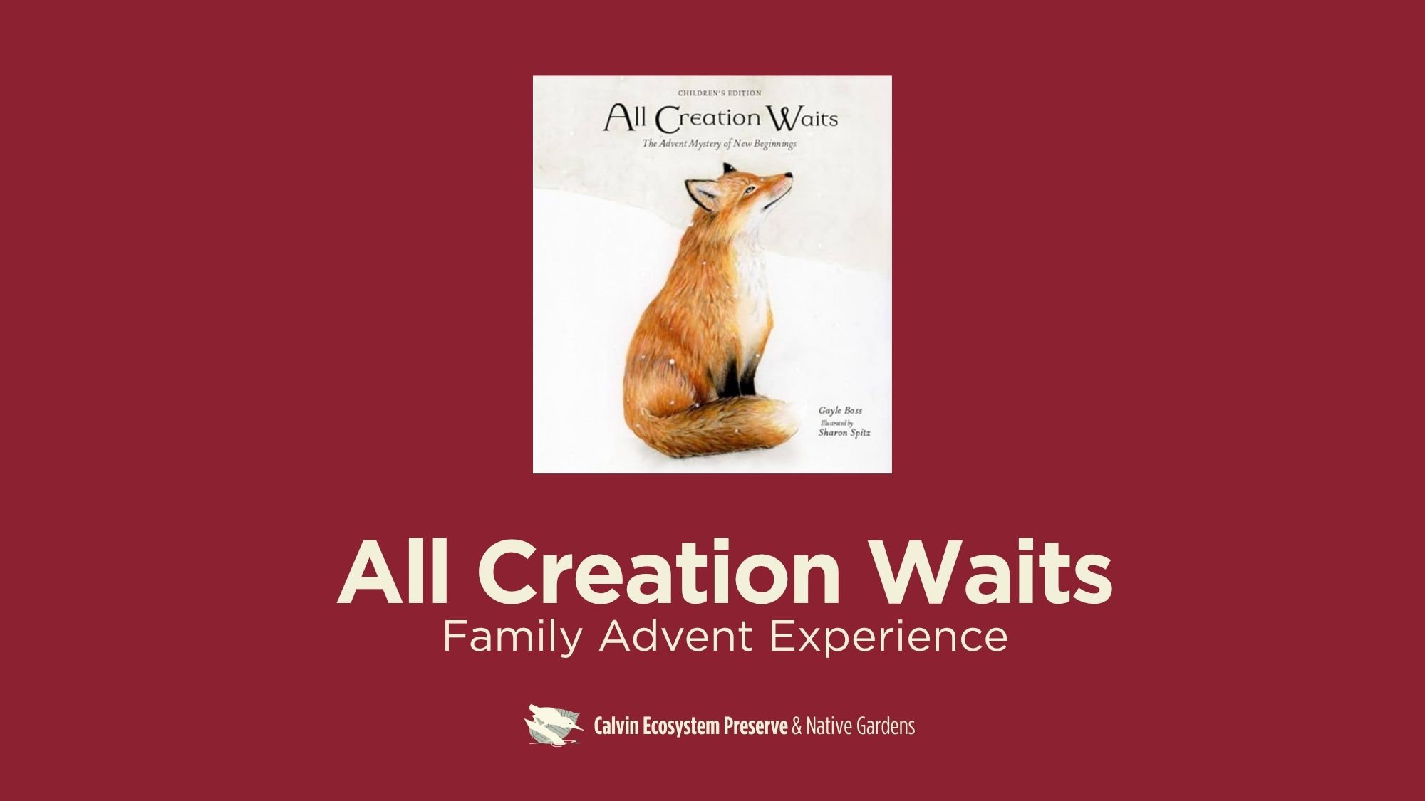 header with All Creation Waits book cover (fox on cover) and event title