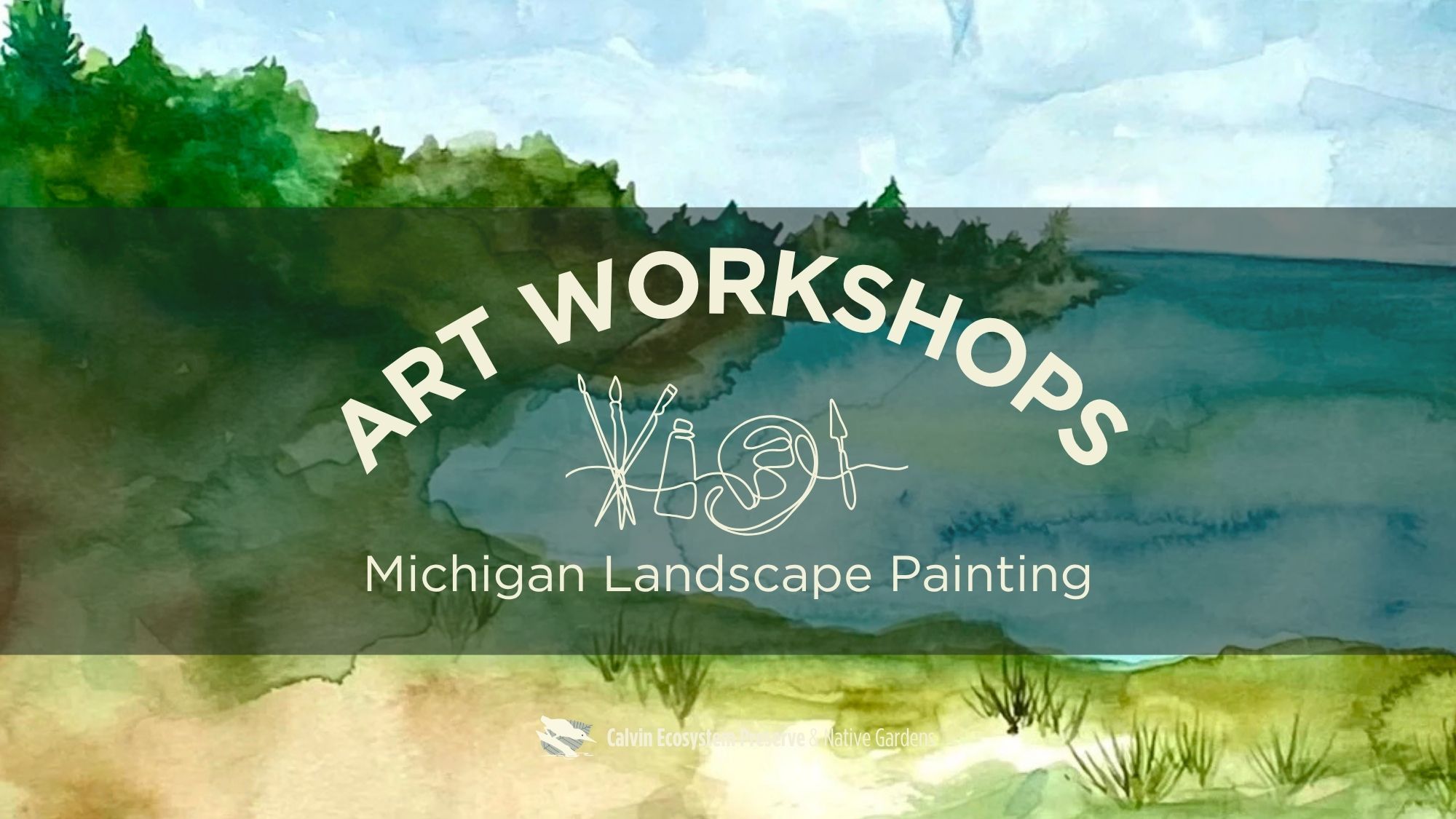 Title over banner and michigan landscape watercolor painting