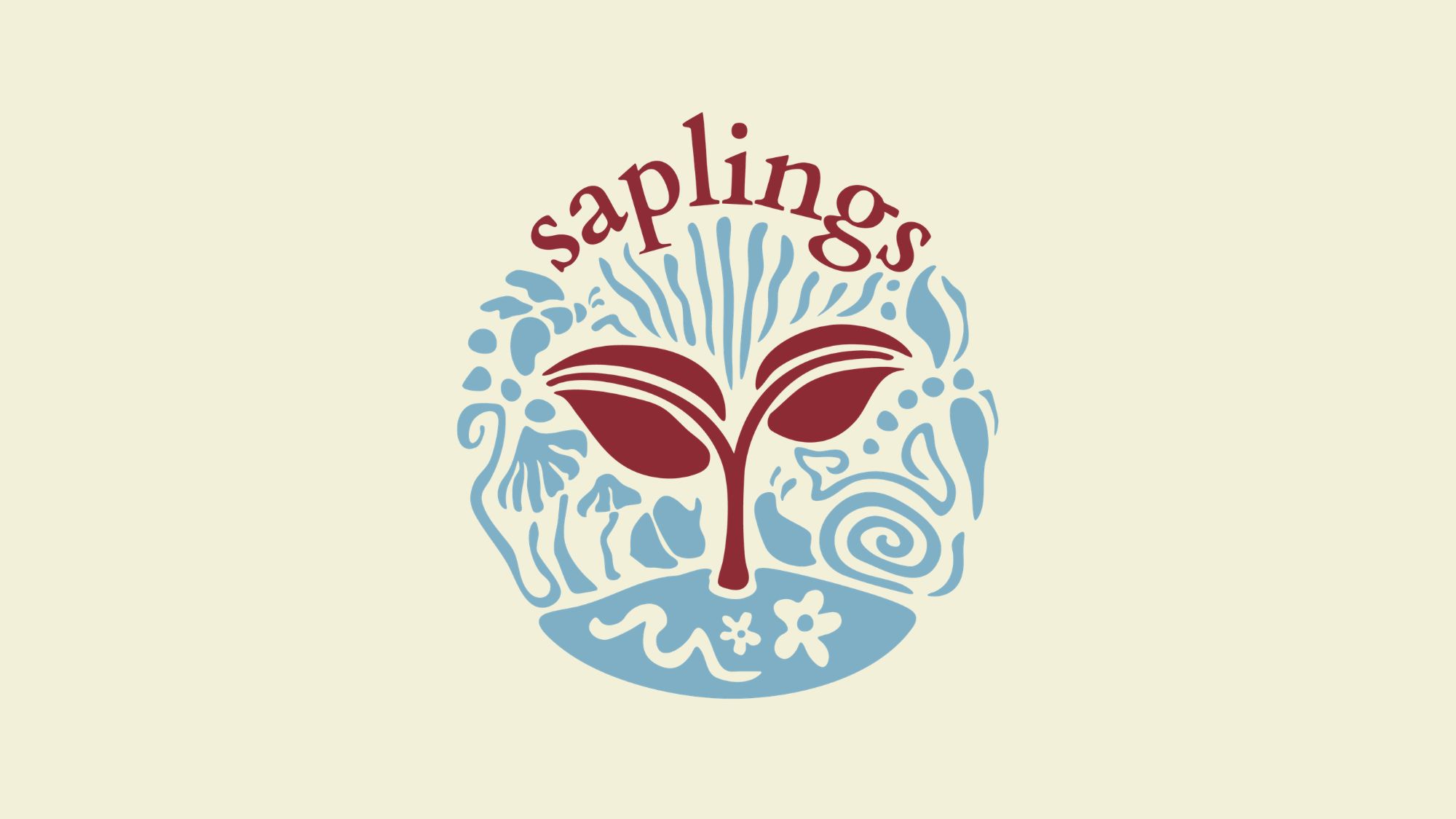 saplings logo picture with graphic seedling in cream, light blue, calvin maroon