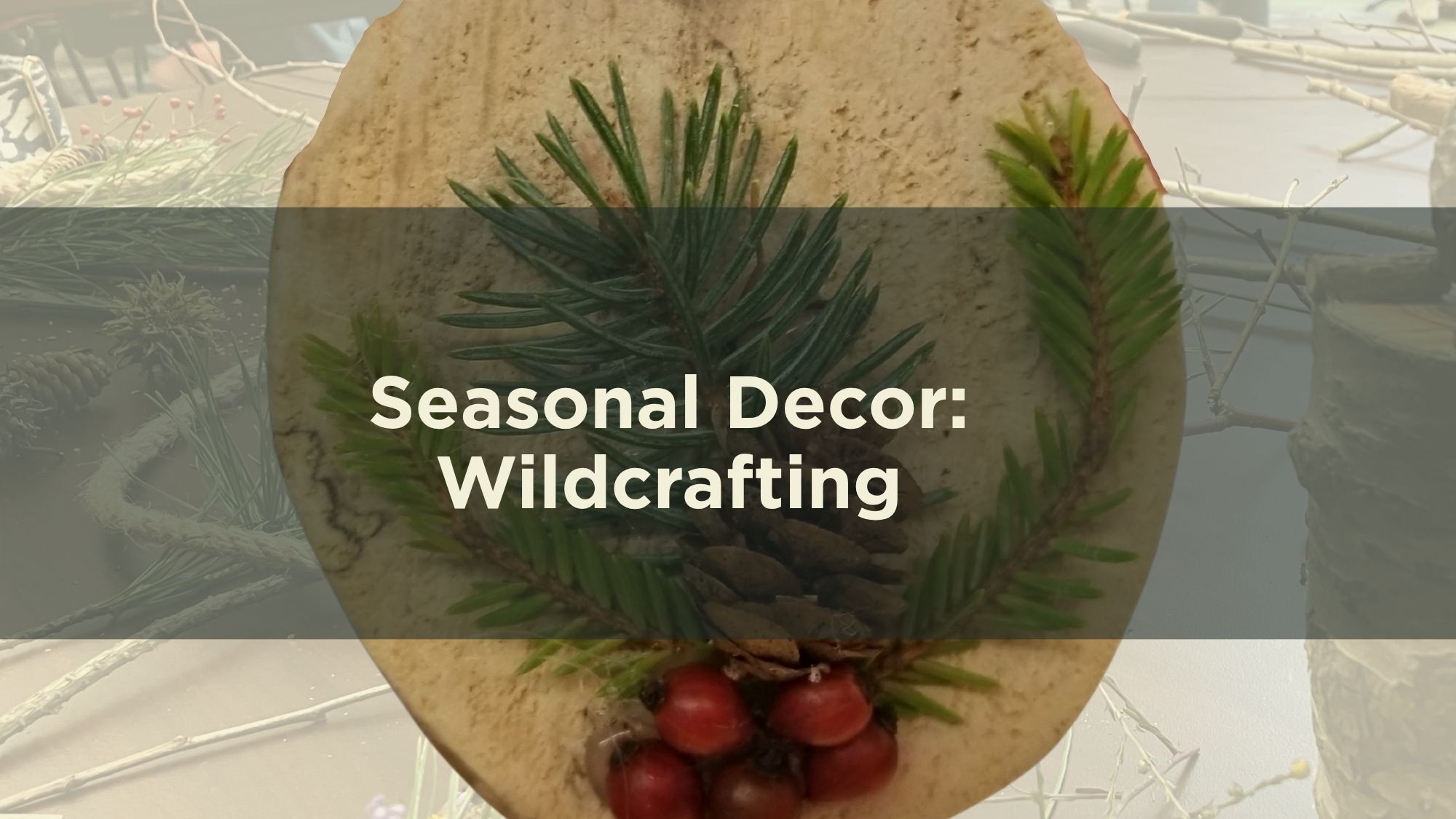 header with title, small seasonal decoration with transparent harvested materials as background