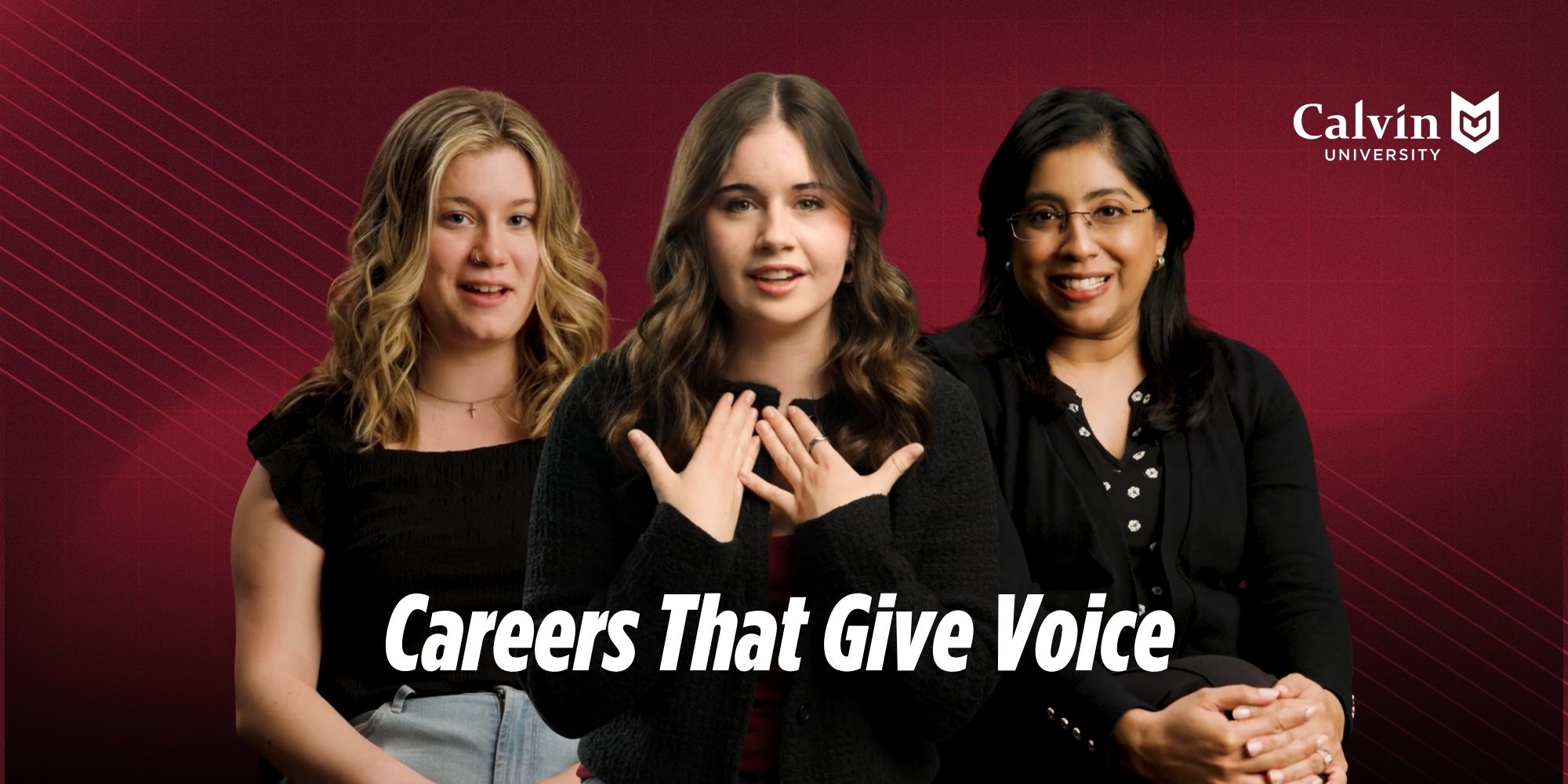 Two SPAUD graduate students and a SPAUD faculty member at Calvin with "Careers That Give Voice" text over the top