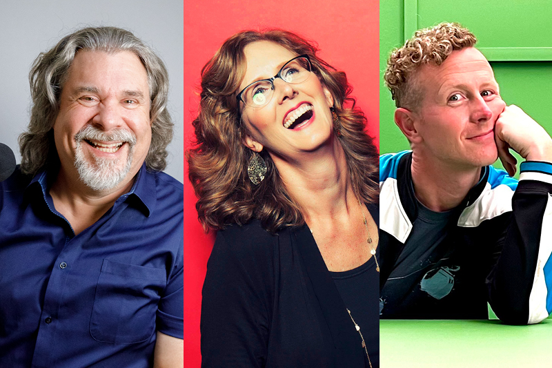 Three comedian headshots against colorful backgrounds.