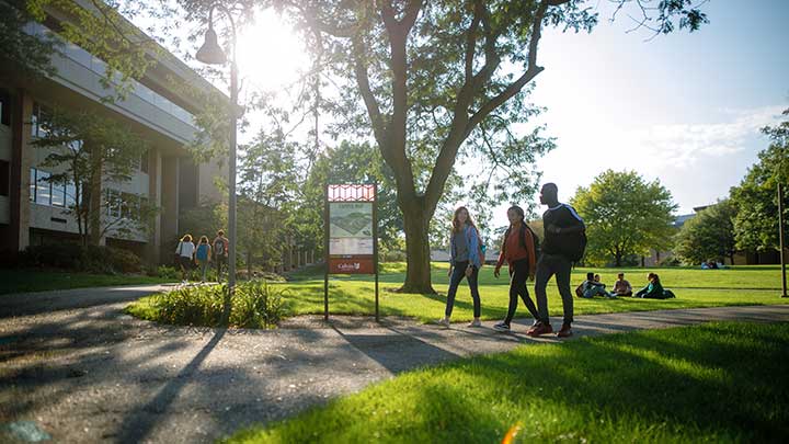 Calvin University students walking on campus with sunshine in the background