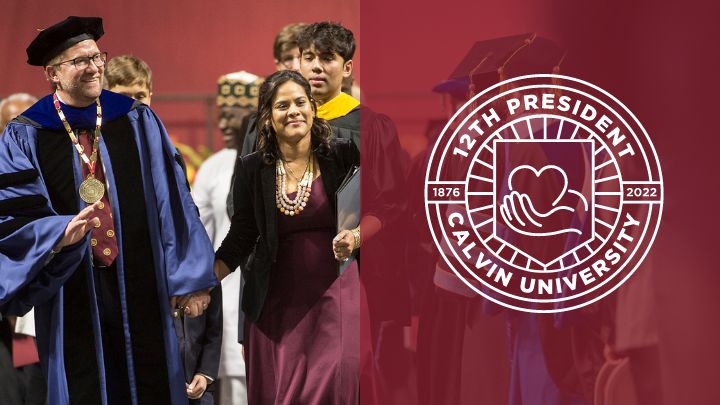 President Boer in academic regalia walking with wife Joanna (left), 12th president logo (right)