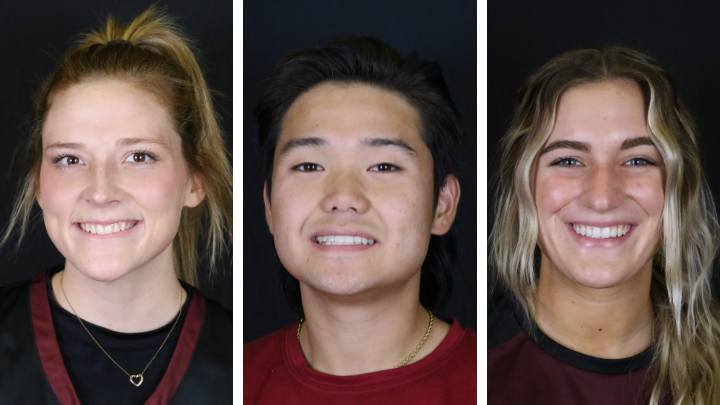 Three individual head shots of students smiling at the camera.