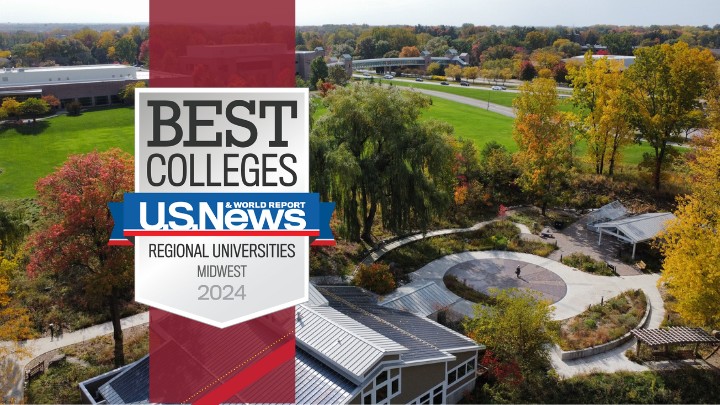 A drone shot of the Calvin University campus with a "Best Colleges" badge overlayed.