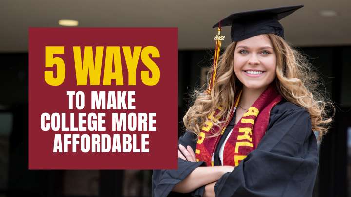 Text on the left side; a female graduate smiling with arms crossed wearing cap and gown on right.