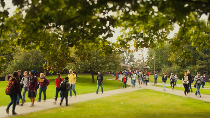 Calvin students head to and from class through the heart of the college's campus.