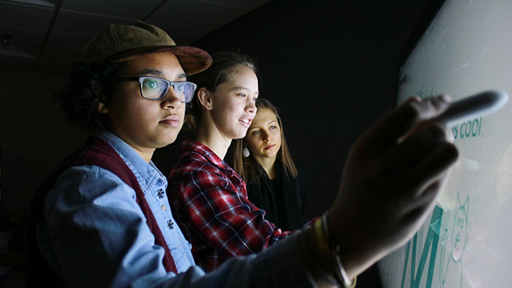 Jamboard, Google's 55-inch, 4K interactive display, is spurring collaboration through linking up digital whiteboards at Calvin, Alma and Albion.