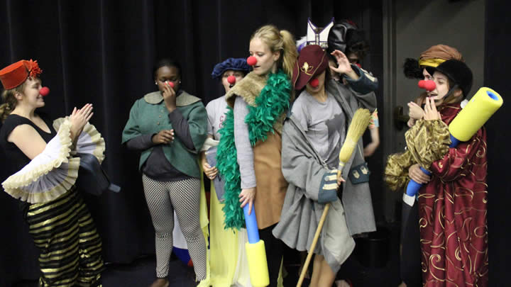 Cast members in the upcoming production of “King Lear” practice clowning during a recent workshop. (Photo courtesy of Carlie Bergsma)