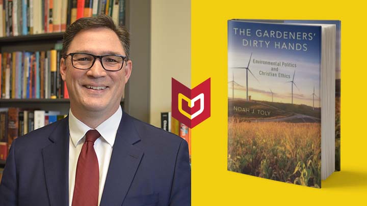 A split image of Dr. Noah Toly on the left in suit and tie and an image of his book on the right.