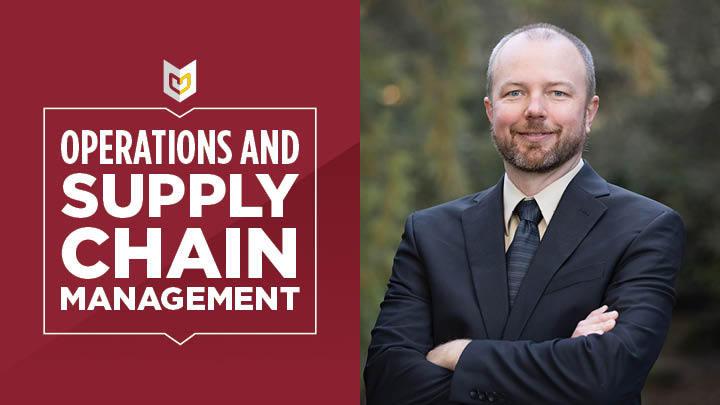 On left: Operations and Supply Chain Management text, On right: Headshot of man in suit