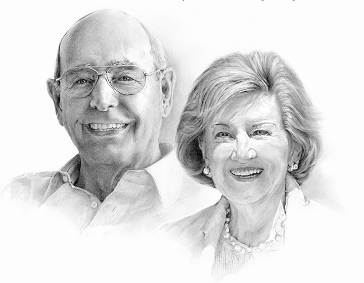 A drawing of a portrait of Rich and Helen DeVos