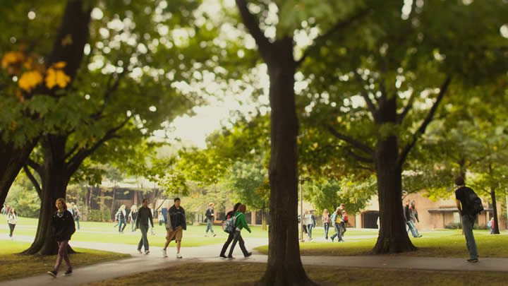 Students head to class through the heart of campus