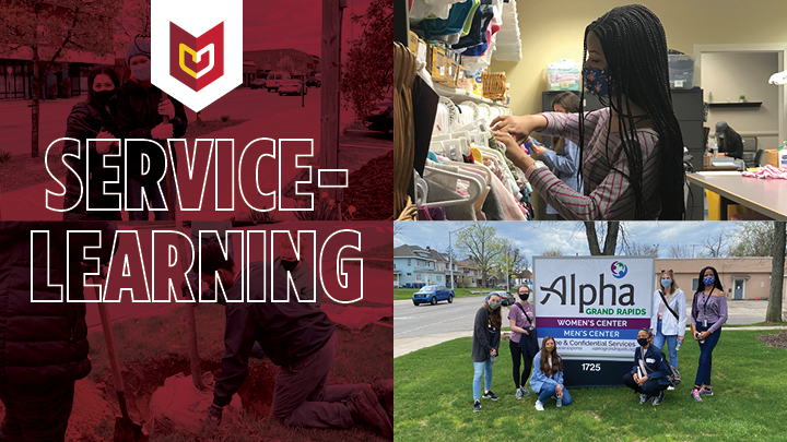 The Service-Learning Center logo along with pictures of students doing volunteer work