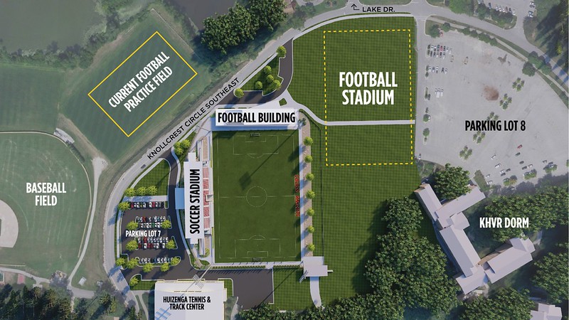 Approximate location of the football stadium to the outdoor soccer stadium at Calvin.