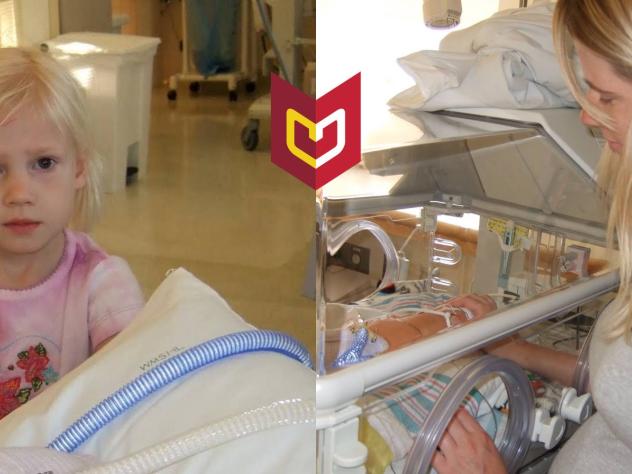 Lilly Teitsma as a young girl watches her mom attend to her younger brother at Helen DeVos Children's hospital.