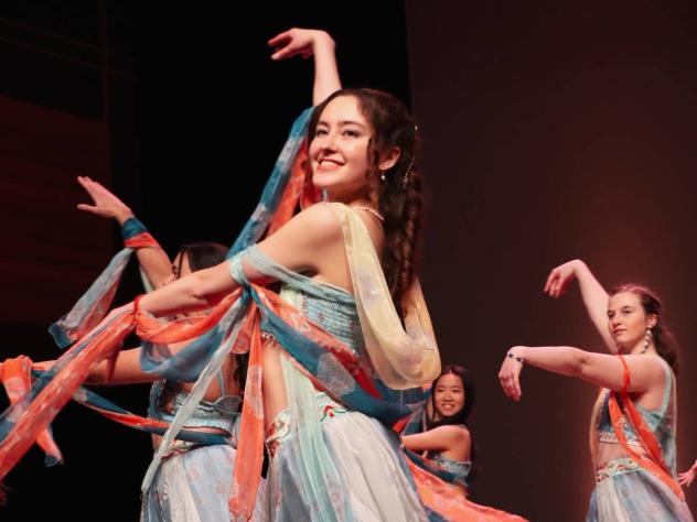 Chantale Van Tassel leads the China Act in Rangeela at Calvin University.