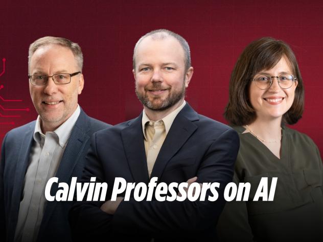 Three headshots of three professors with the teat "Calvin Professors on AI"
