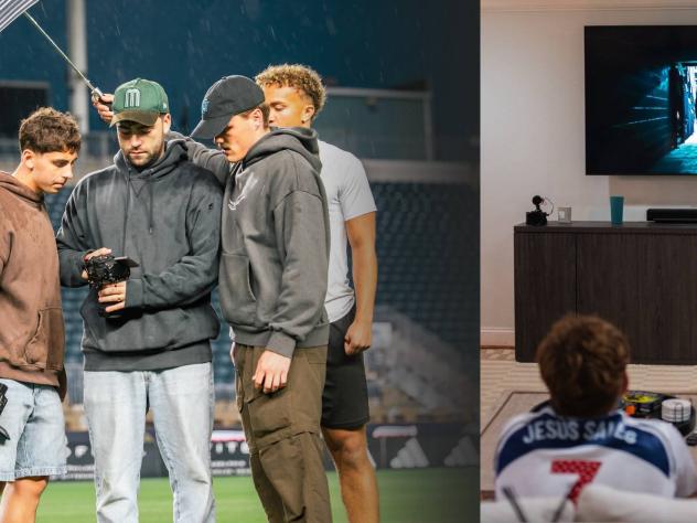 Matthew Torrell working with production team in Philly (left), two guys with Jesus Saves on their backs watching a commercial on TV (right)