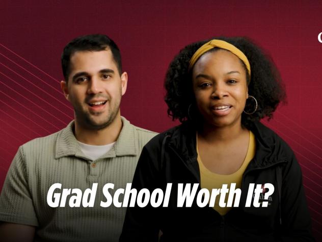 Two Calvin students with "Grad School Worth It?" text over the top